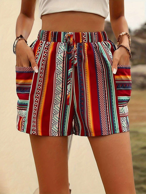 Bohemian High-Waisted Women’s Shorts - Striped, Elastic Waist & Pockets   OAXG 