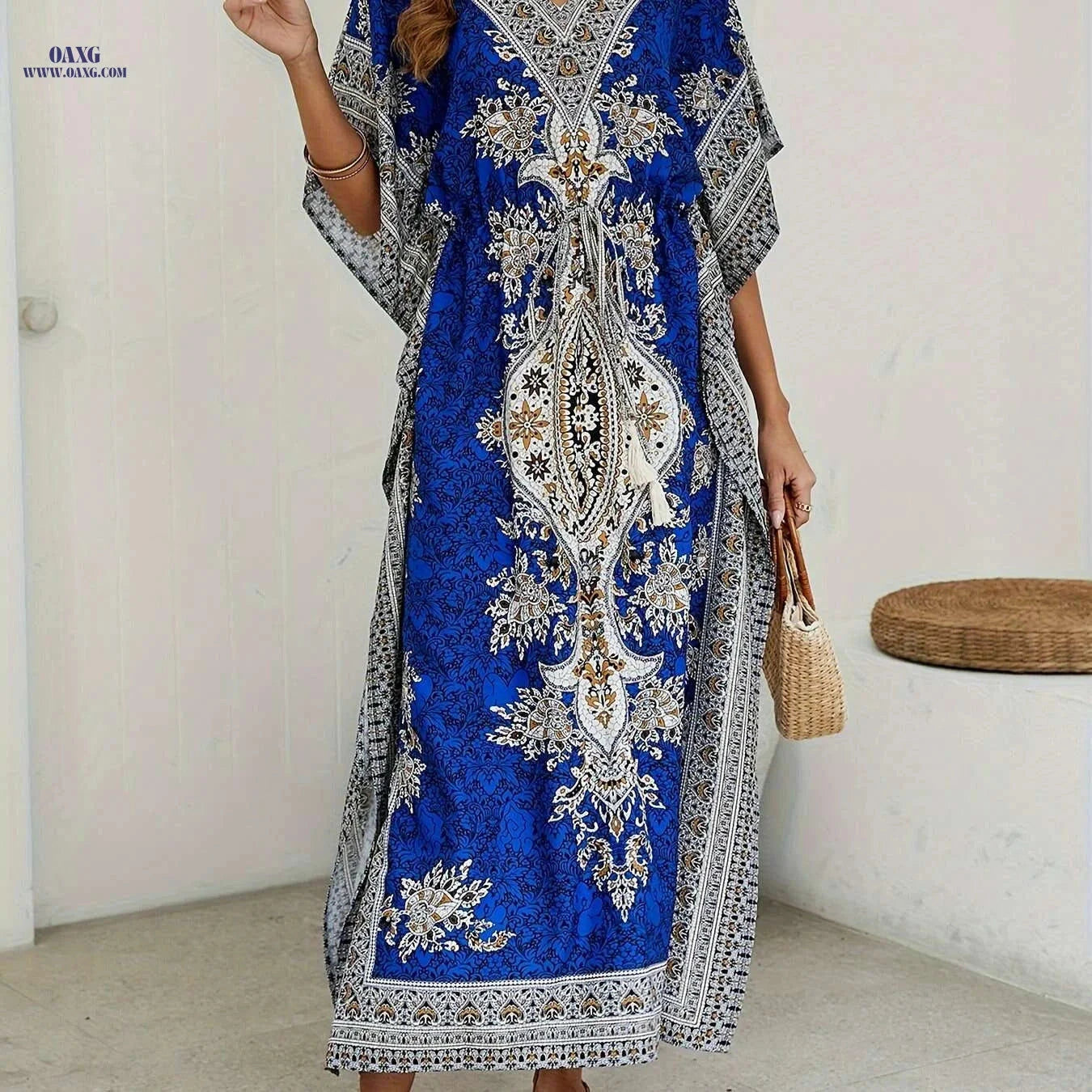 Bohemian Loose V-Neck Abaya - Elegant Women's Beach Party Dress   OAXG 