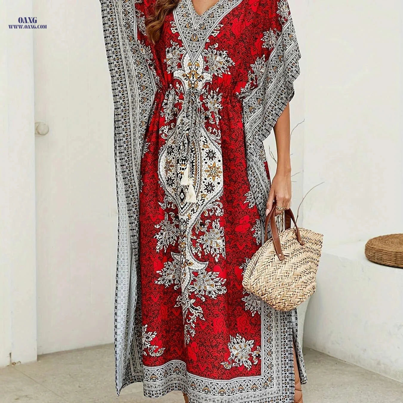 Bohemian Loose V-Neck Abaya - Elegant Women's Beach Party Dress   OAXG Navy Blue / One-size