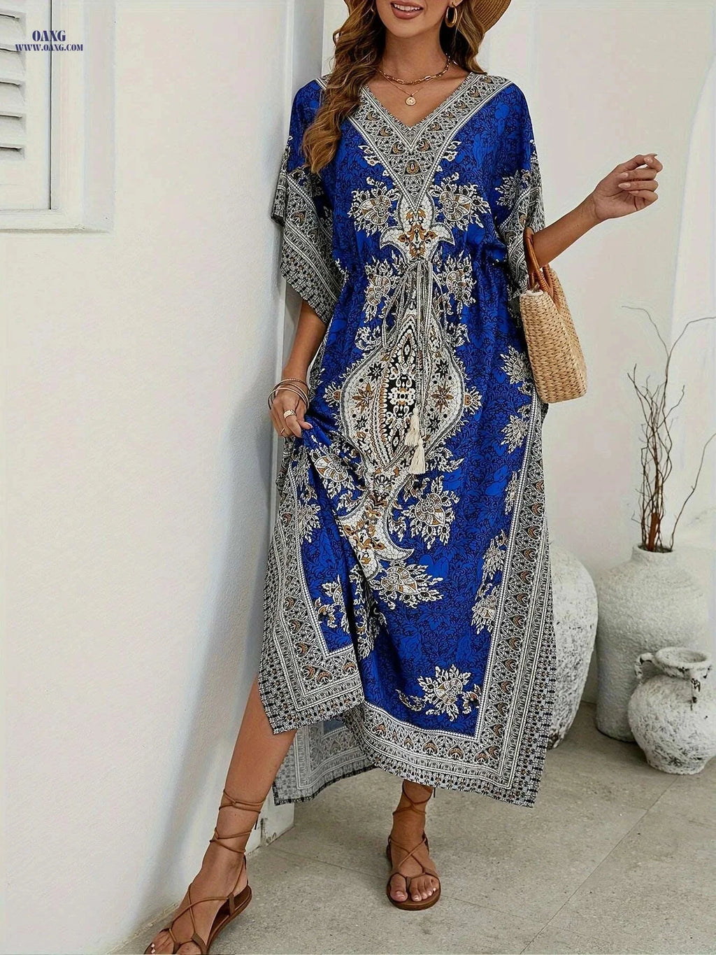 Bohemian Loose V-Neck Abaya - Elegant Women's Beach Party Dress   OAXG Navy Blue / One-size