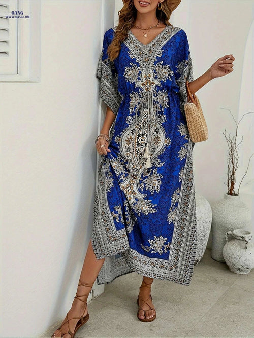 Bohemian Loose V-Neck Abaya - Elegant Women's Beach Party Dress   OAXG Navy Blue / One-size