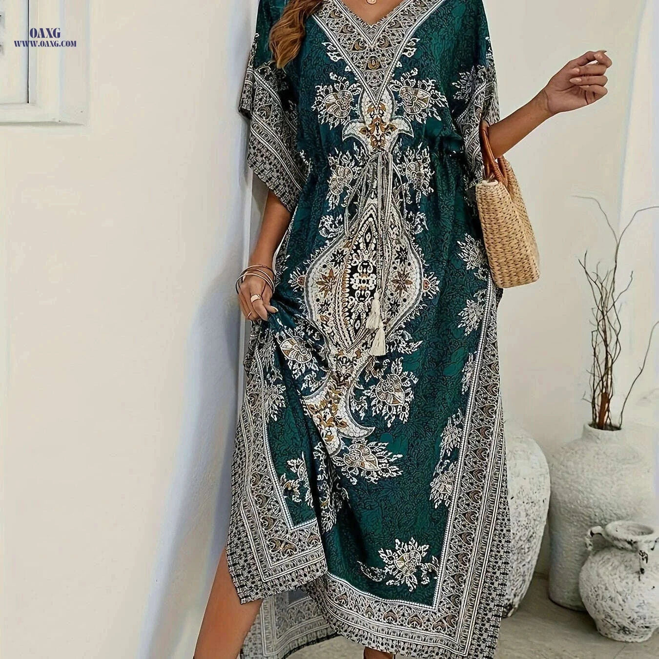 Bohemian Loose V-Neck Abaya - Elegant Women's Beach Party Dress   OAXG Navy Blue / One-size