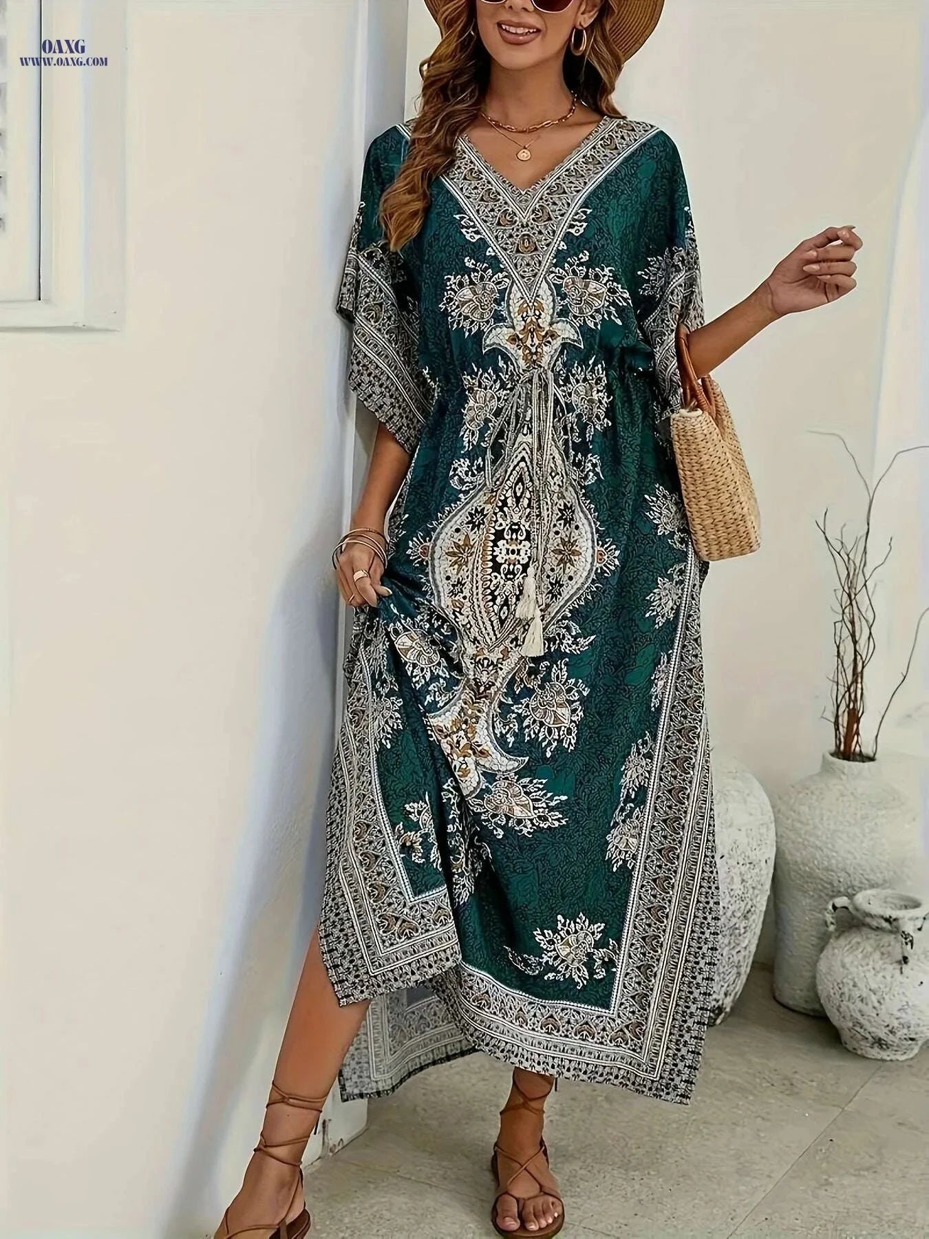 Bohemian Loose V-Neck Abaya - Elegant Women's Beach Party Dress   OAXG Navy Blue / One-size