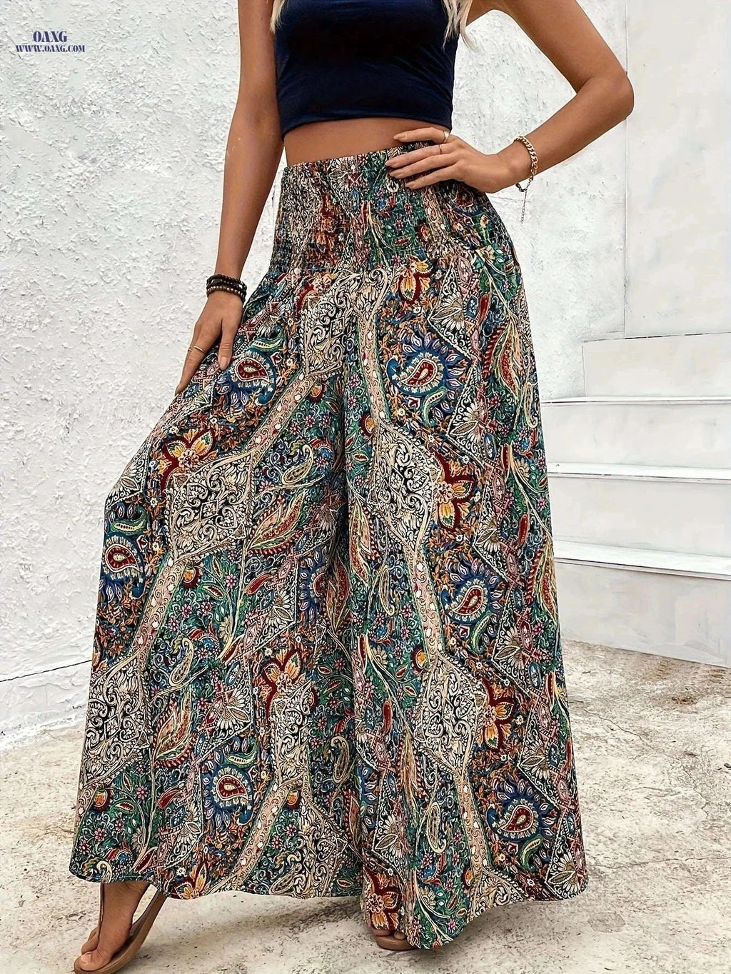 Bohemian Loose Wide Leg Pants - Elastic Waist for Casual Style   OAXG 【Multicolor】 / XS