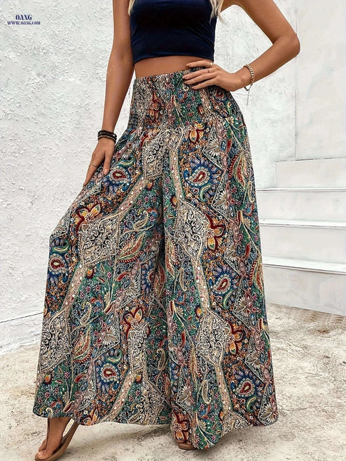 Bohemian Loose Wide Leg Pants - Elastic Waist for Casual Style   OAXG 【Multicolor】 / XS