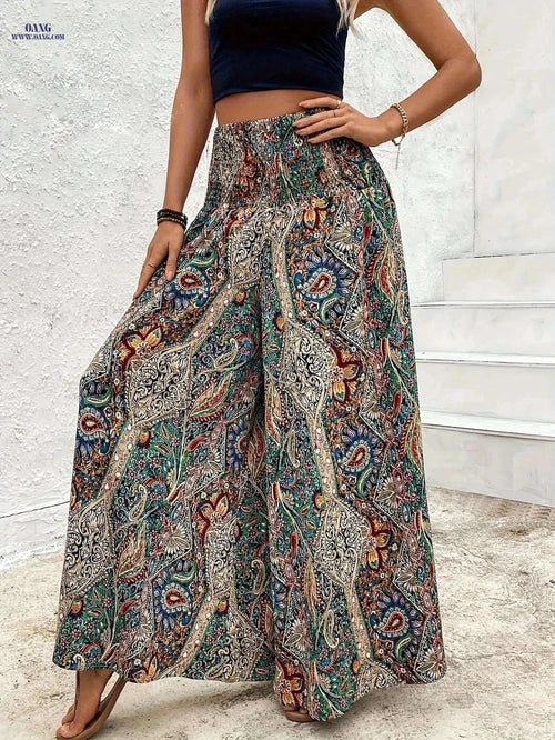 Bohemian Loose Wide Leg Pants - Elastic Waist for Casual Style   OAXG 【Multicolor】 / XS