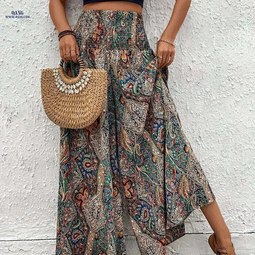Bohemian Loose Wide Leg Pants - Elastic Waist for Casual Style   OAXG 【Multicolor】 / XS