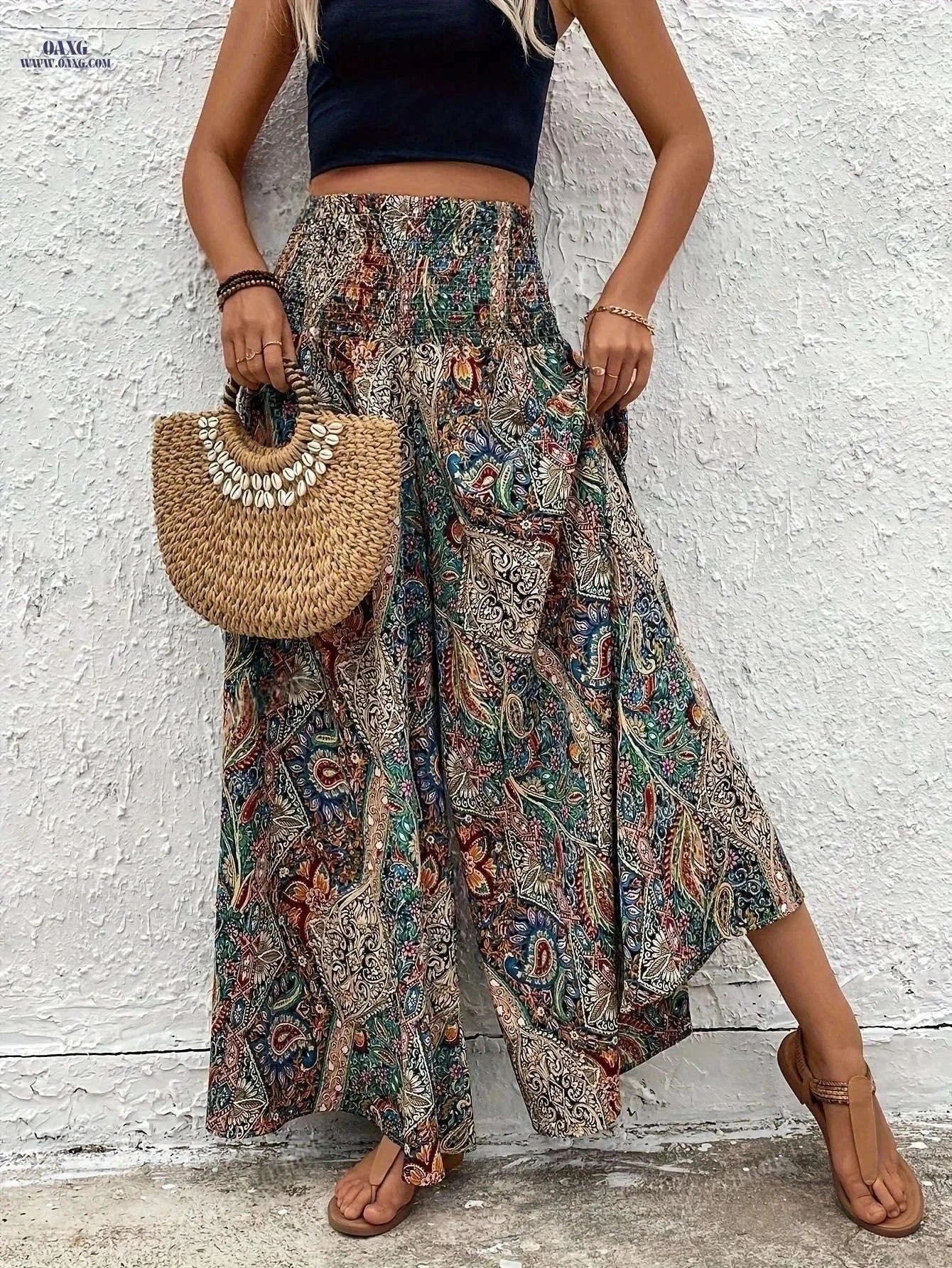 Bohemian Loose Wide Leg Pants - Elastic Waist for Casual Style   OAXG 【Multicolor】 / XS