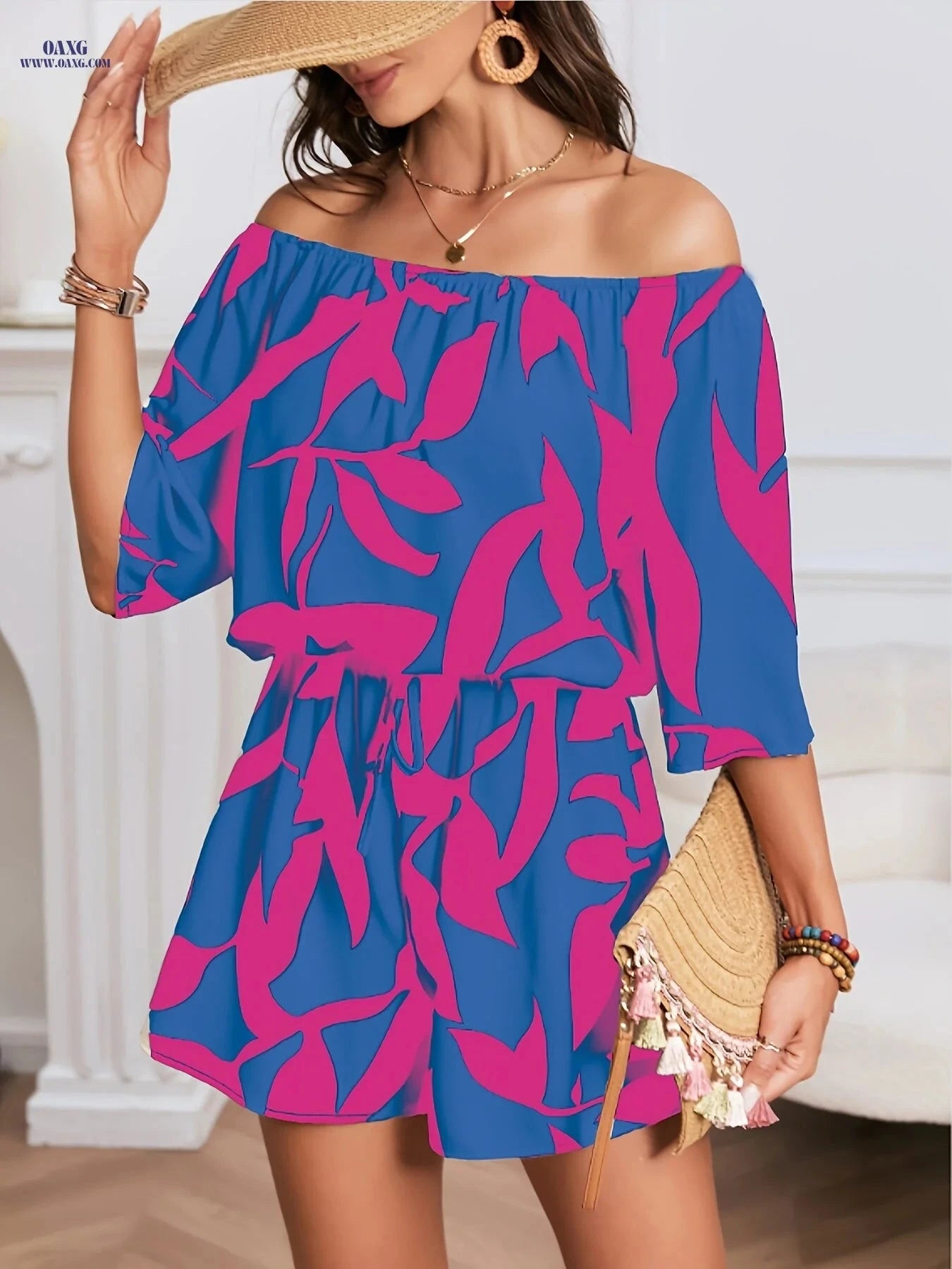 Bohemian Off-Shoulder Jumpsuit - Floral Print for Beach & Casual Style   OAXG 