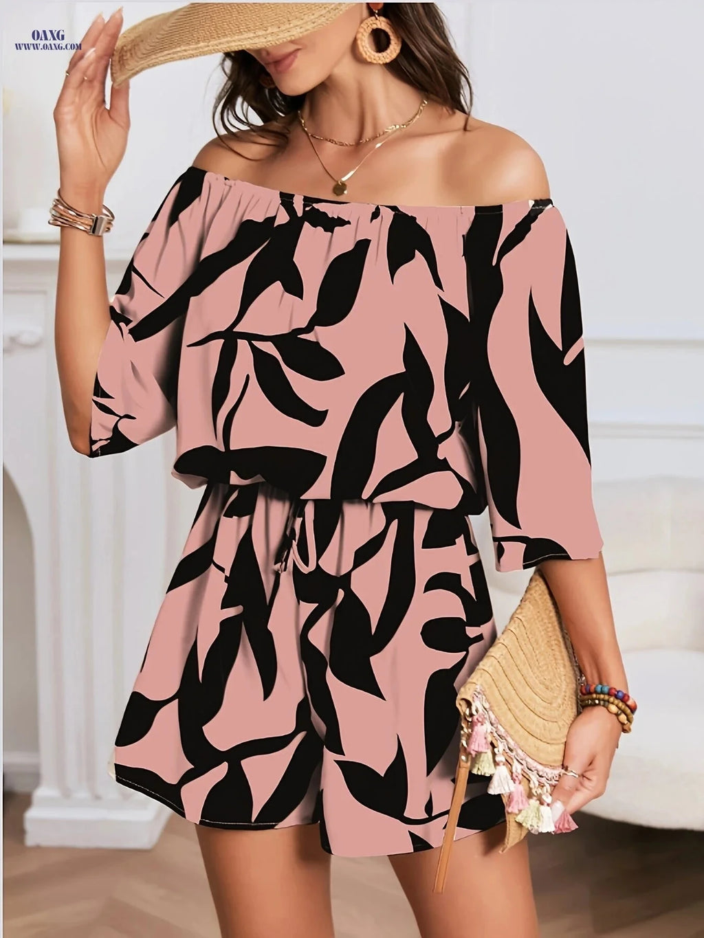 Bohemian Off-Shoulder Jumpsuit - Floral Print for Beach & Casual Style   OAXG 