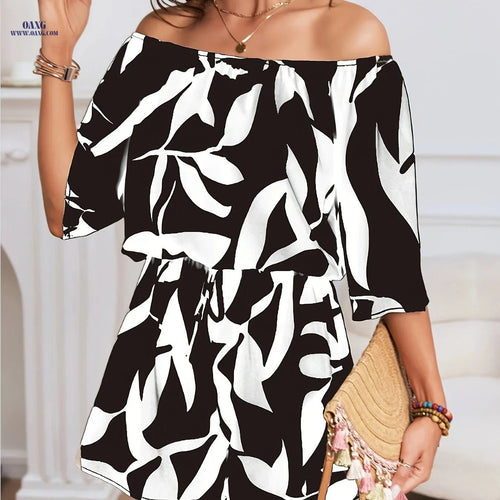 Bohemian Off-Shoulder Jumpsuit - Floral Print for Beach & Casual Style   OAXG 