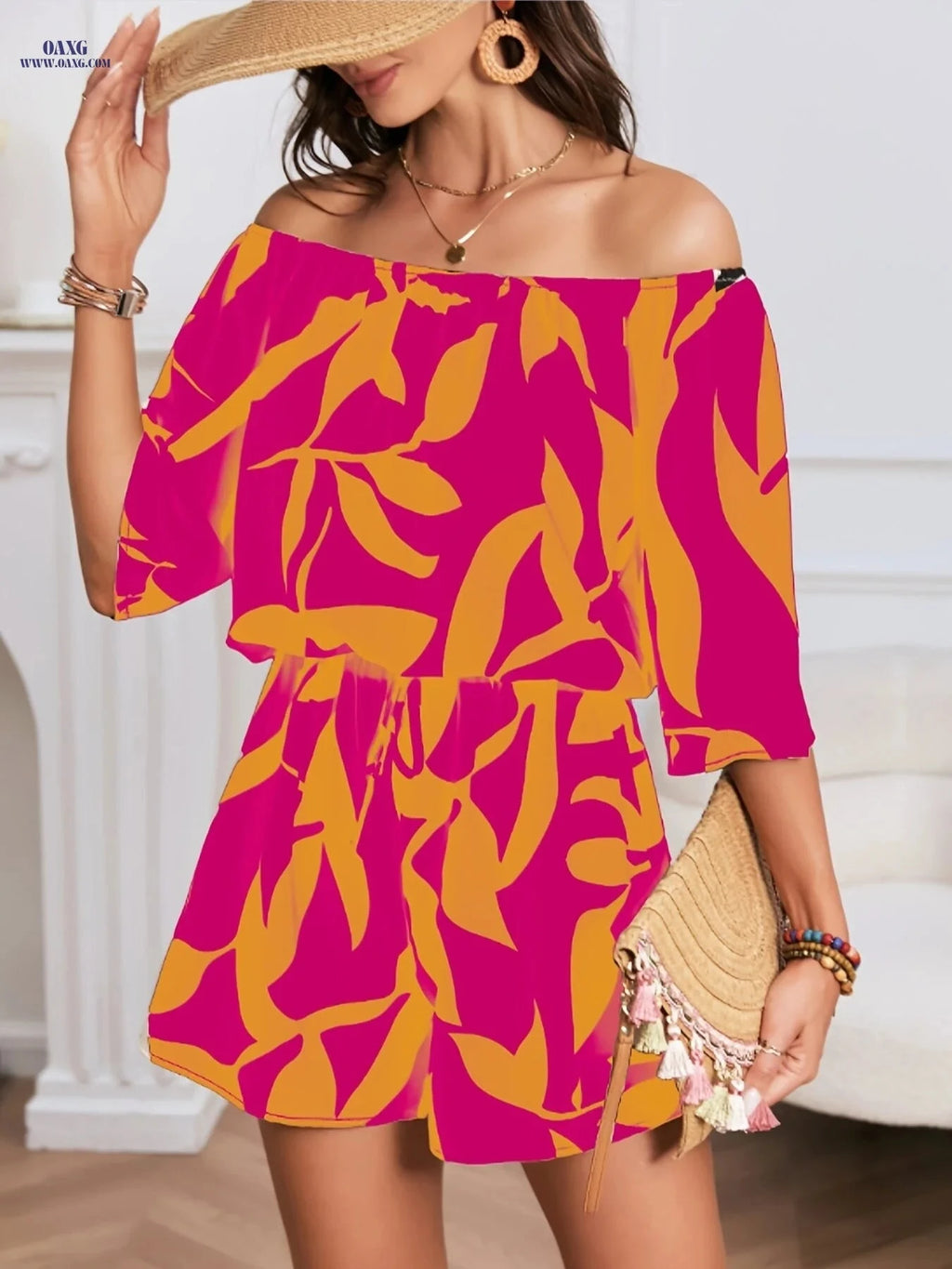 Bohemian Off-Shoulder Jumpsuit - Floral Print for Beach & Casual Style   OAXG 