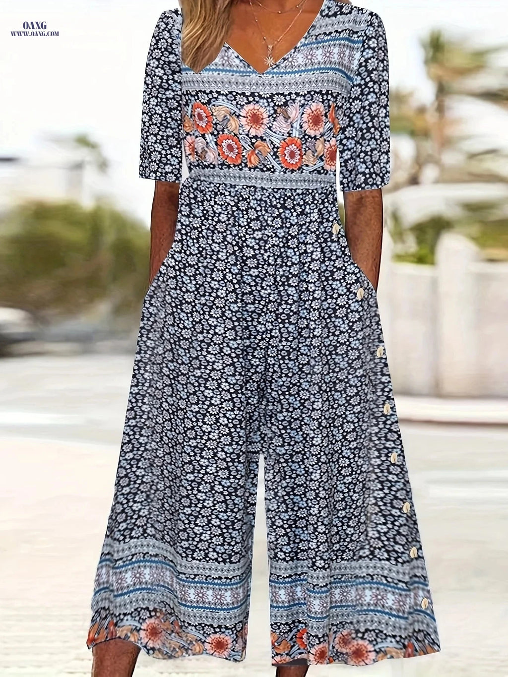 Bohemian Vintage Floral Jumpsuit for Women - Back Zipper, V-Neck Style   OAXG Mixed colors / S