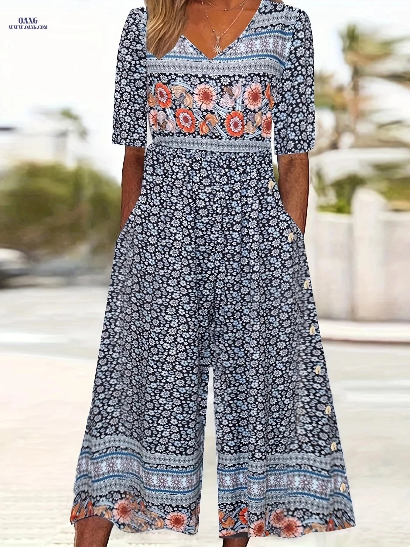 Bohemian Vintage Floral Jumpsuit for Women - Back Zipper, V-Neck Style   OAXG Mixed colors / S