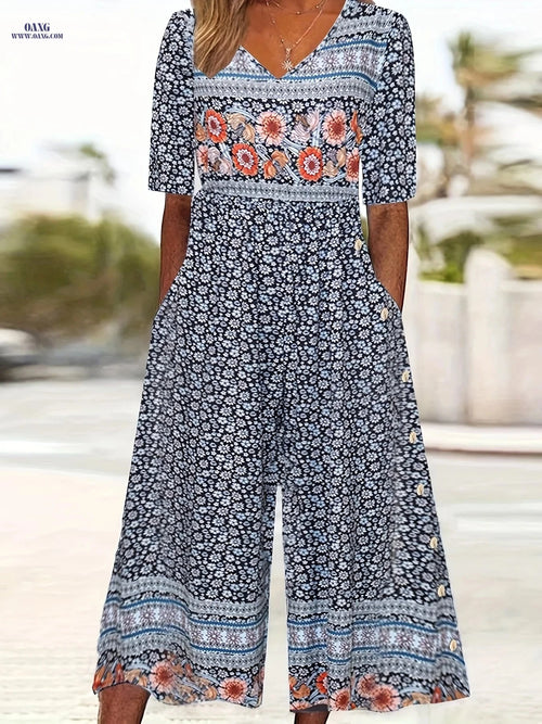 Bohemian Vintage Floral Jumpsuit for Women - Back Zipper, V-Neck Style   OAXG Mixed colors / S