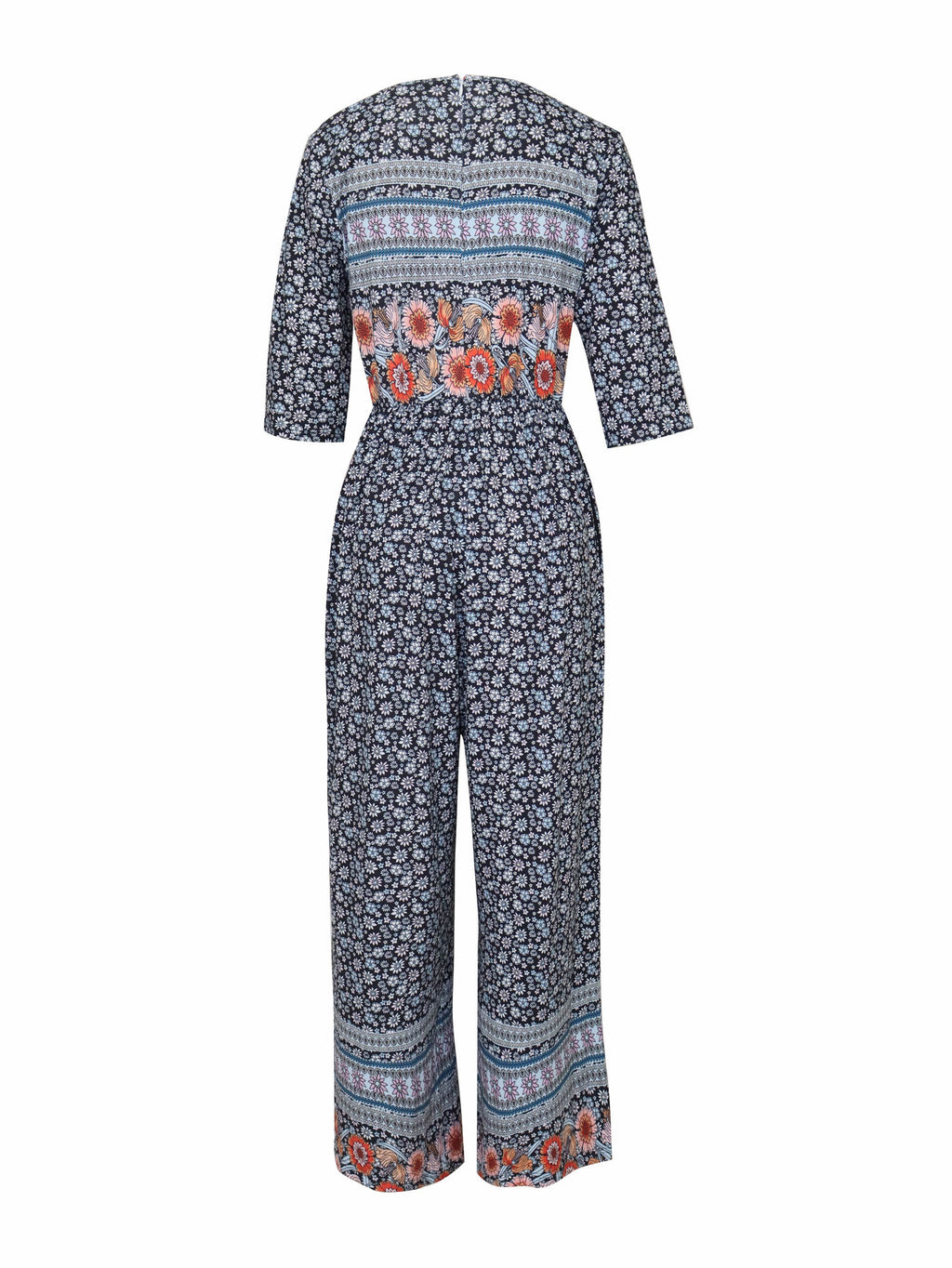 Bohemian Vintage Floral Jumpsuit for Women - Back Zipper, V-Neck Style   OAXG Mixed colors / S