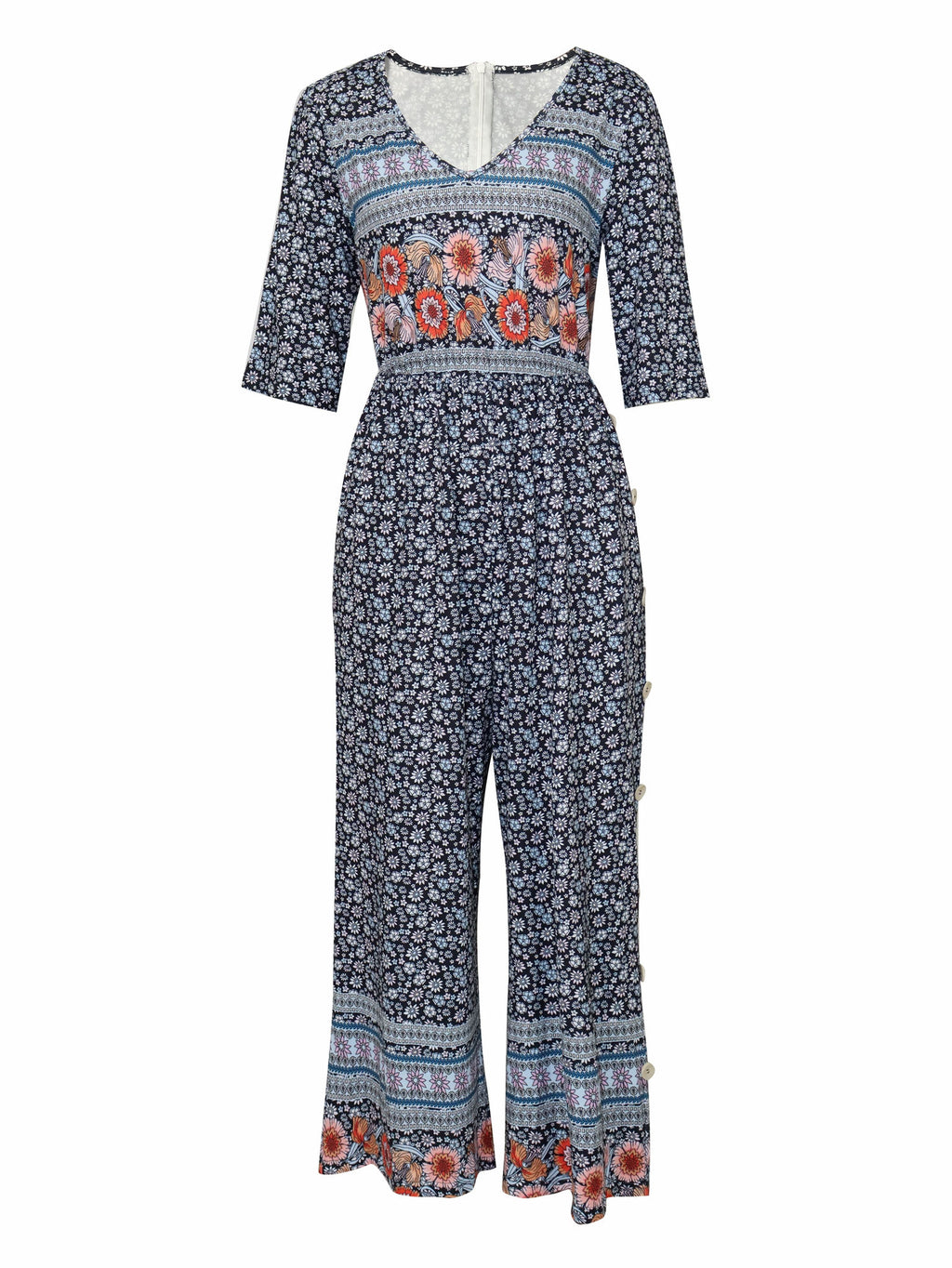 Bohemian Vintage Floral Jumpsuit for Women - Back Zipper, V-Neck Style   OAXG Mixed colors / S