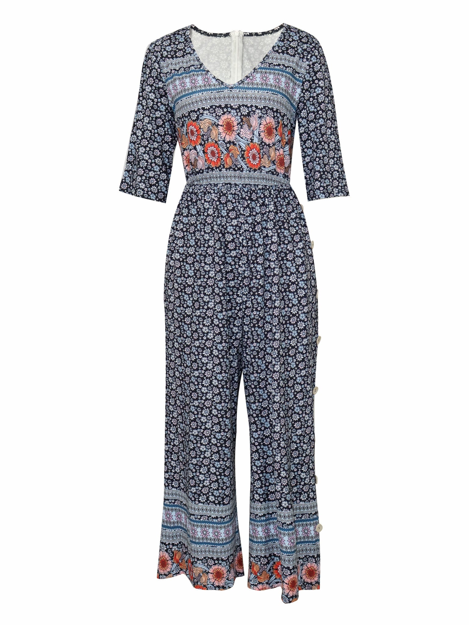 Bohemian Vintage Floral Jumpsuit for Women - Back Zipper, V-Neck Style   OAXG Mixed colors / S
