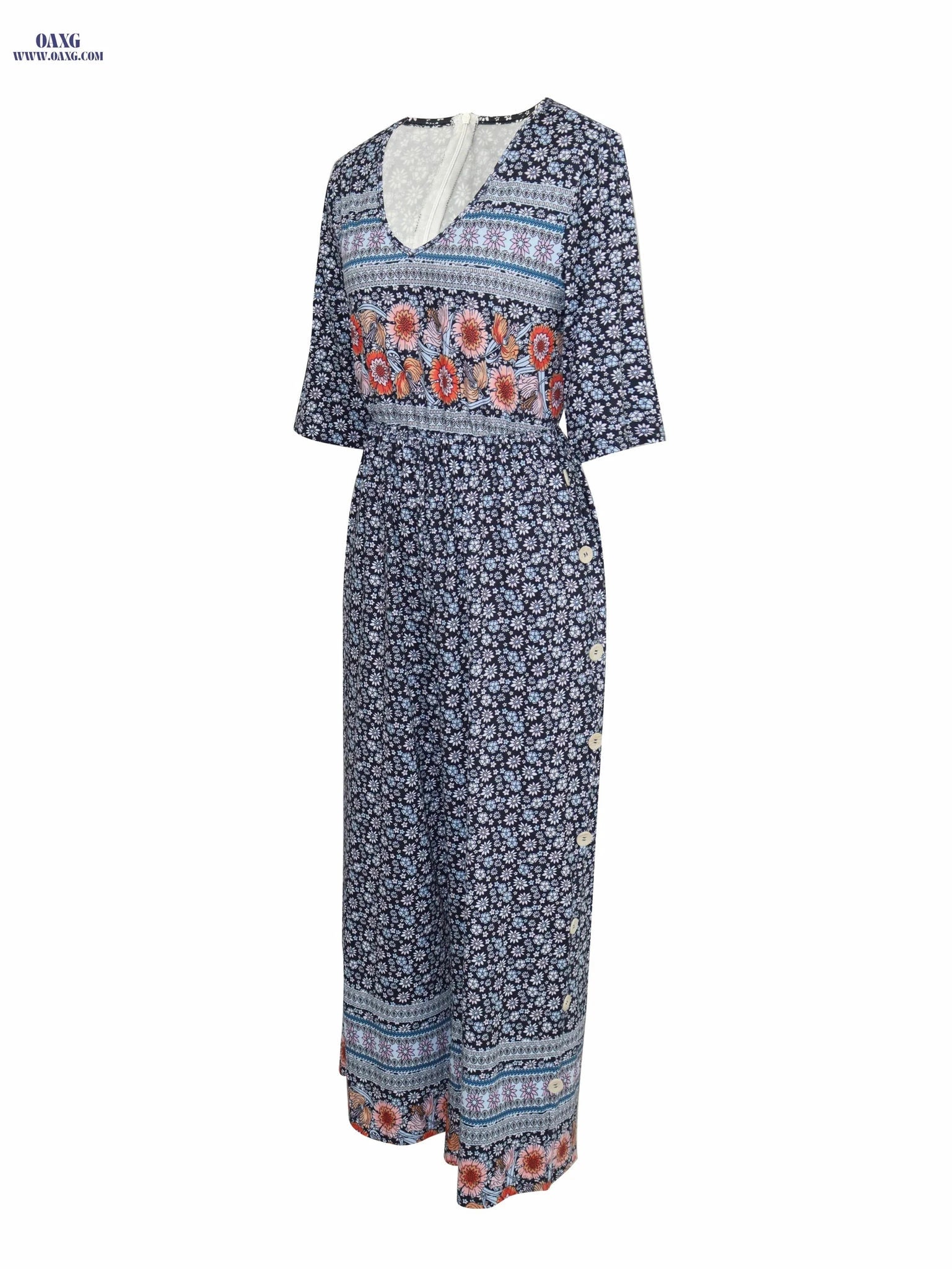 Bohemian Vintage Floral Jumpsuit for Women - Back Zipper, V-Neck Style   OAXG Mixed colors / S