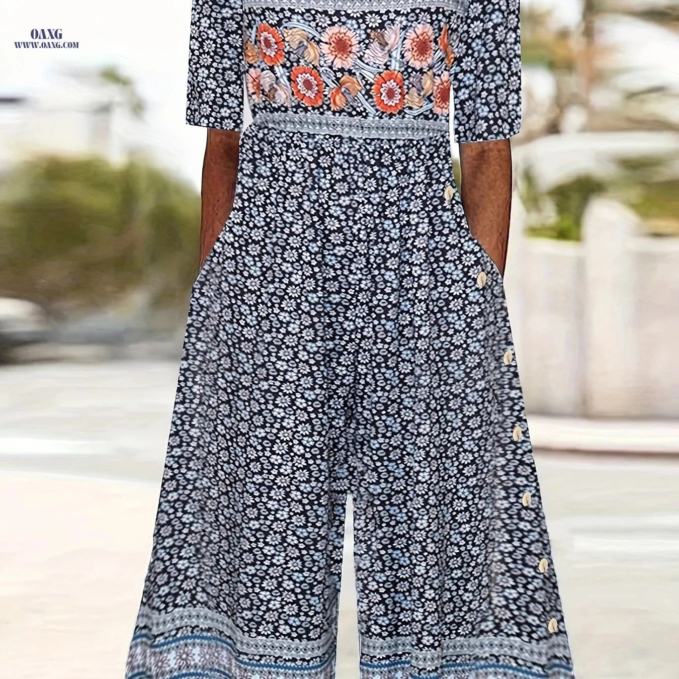 Bohemian Vintage Floral Jumpsuit for Women - Back Zipper, V-Neck Style   OAXG 
