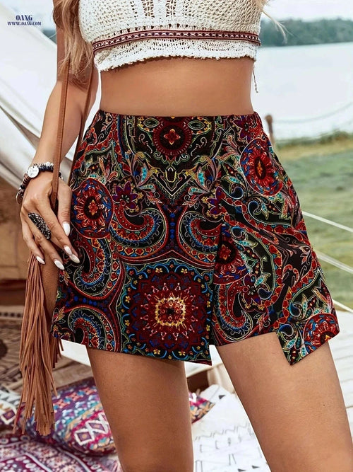 Boho Paisley Print Asymmetrical Hem Skort - Women's Spring Fashion   OAXG Multicolor / S