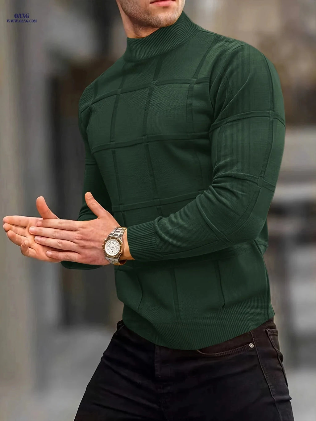 Border Men's Knit Sweater - Casual Stand Collar Top for Fall/Winter   OAXG 