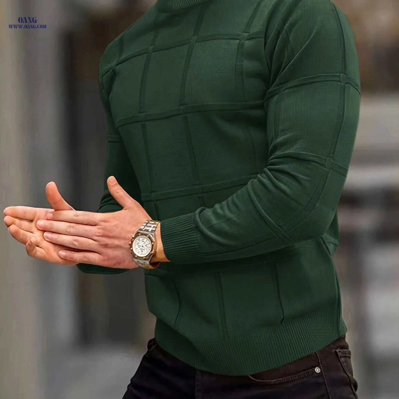 Border Men's Knit Sweater - Casual Stand Collar Top for Fall/Winter   OAXG 