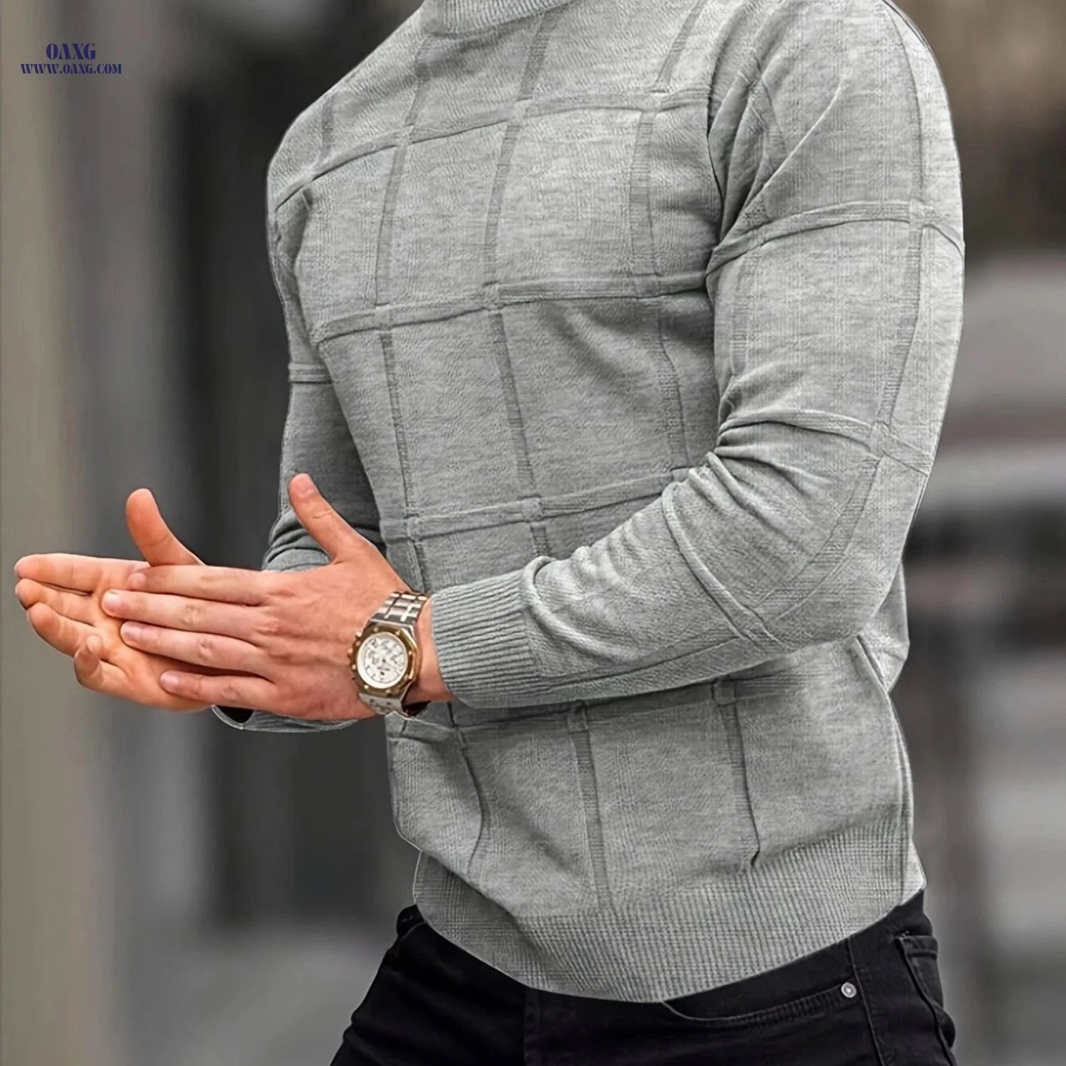 Border Men's Knit Sweater - Casual Stand Collar Top for Fall/Winter   OAXG 