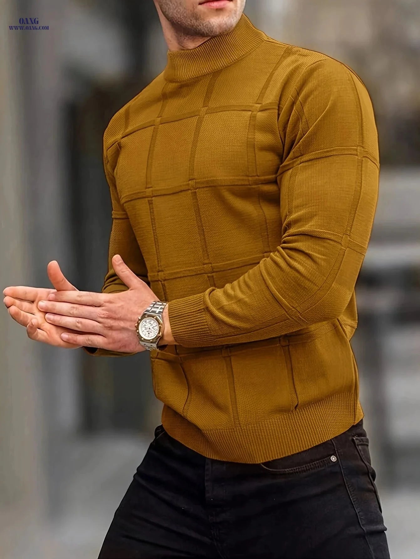 Border Men's Knit Sweater - Casual Stand Collar Top for Fall/Winter   OAXG Yellowish-brown / FR S