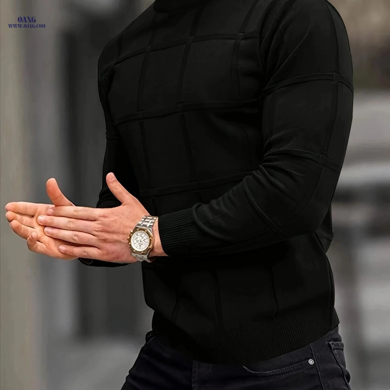 Border Men's Knit Sweater - Stand Collar, Casual Warm Top   OAXG 