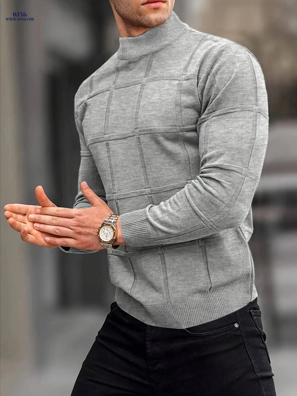 Border Men's Knit Sweater - Stand Collar, Casual Warm Top   OAXG 
