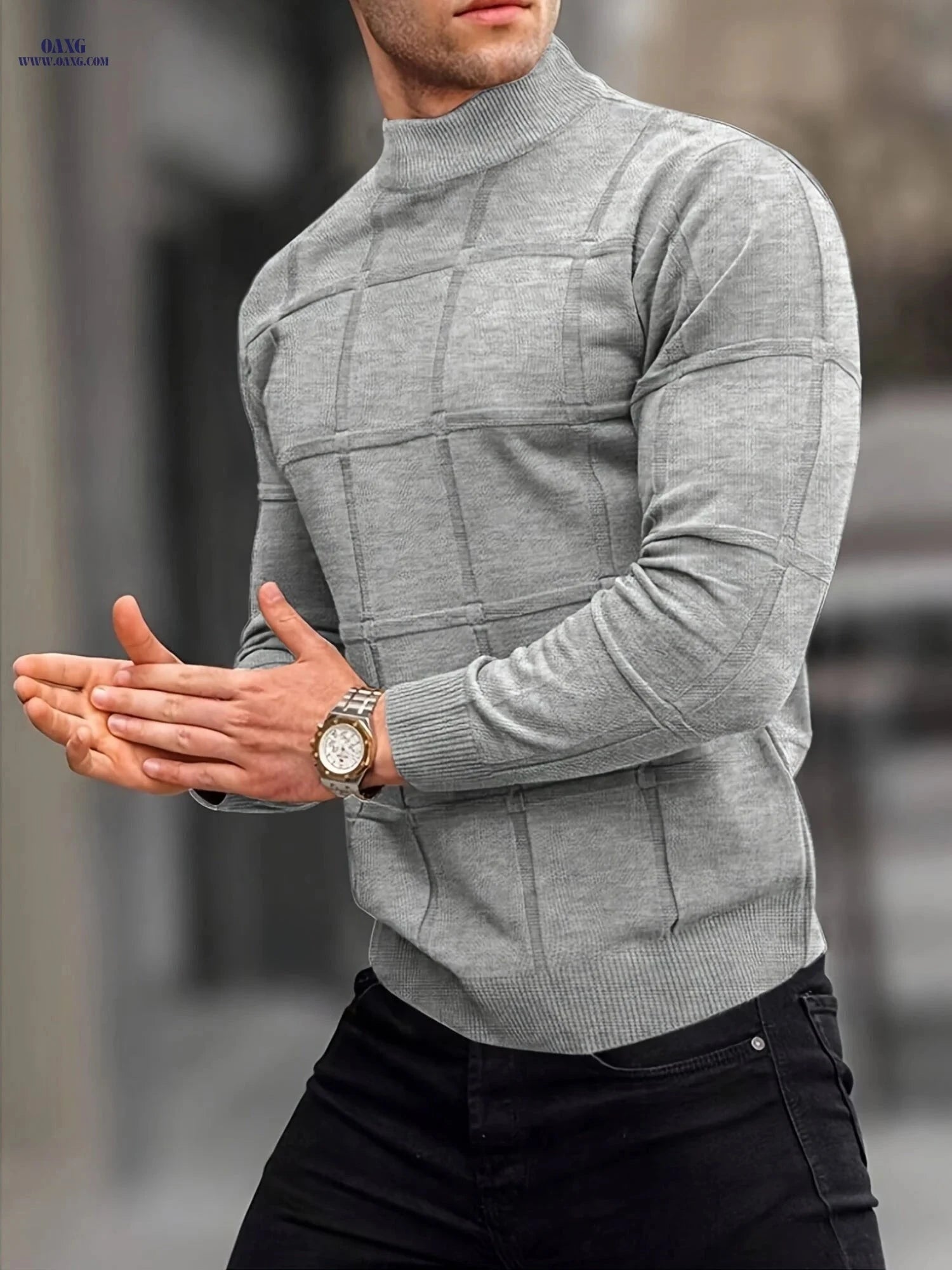 Border Men's Knit Sweater - Stand Collar, Casual Warm Top   OAXG 