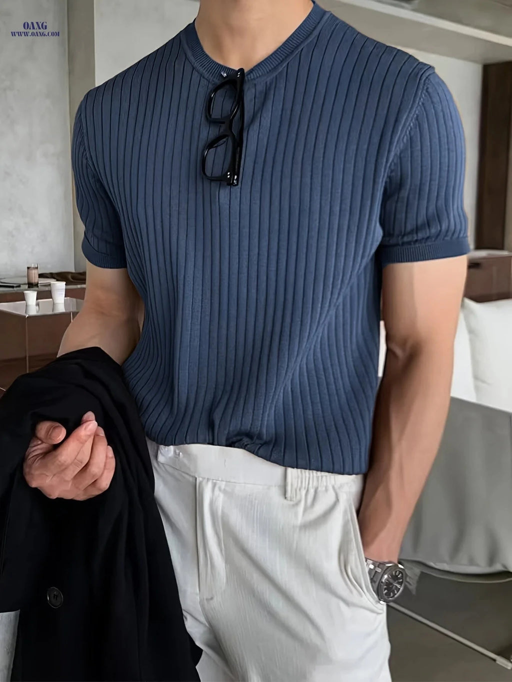 Border Men's Small Striped Sweater - Short Sleeve Knit Casual Style   OAXG 