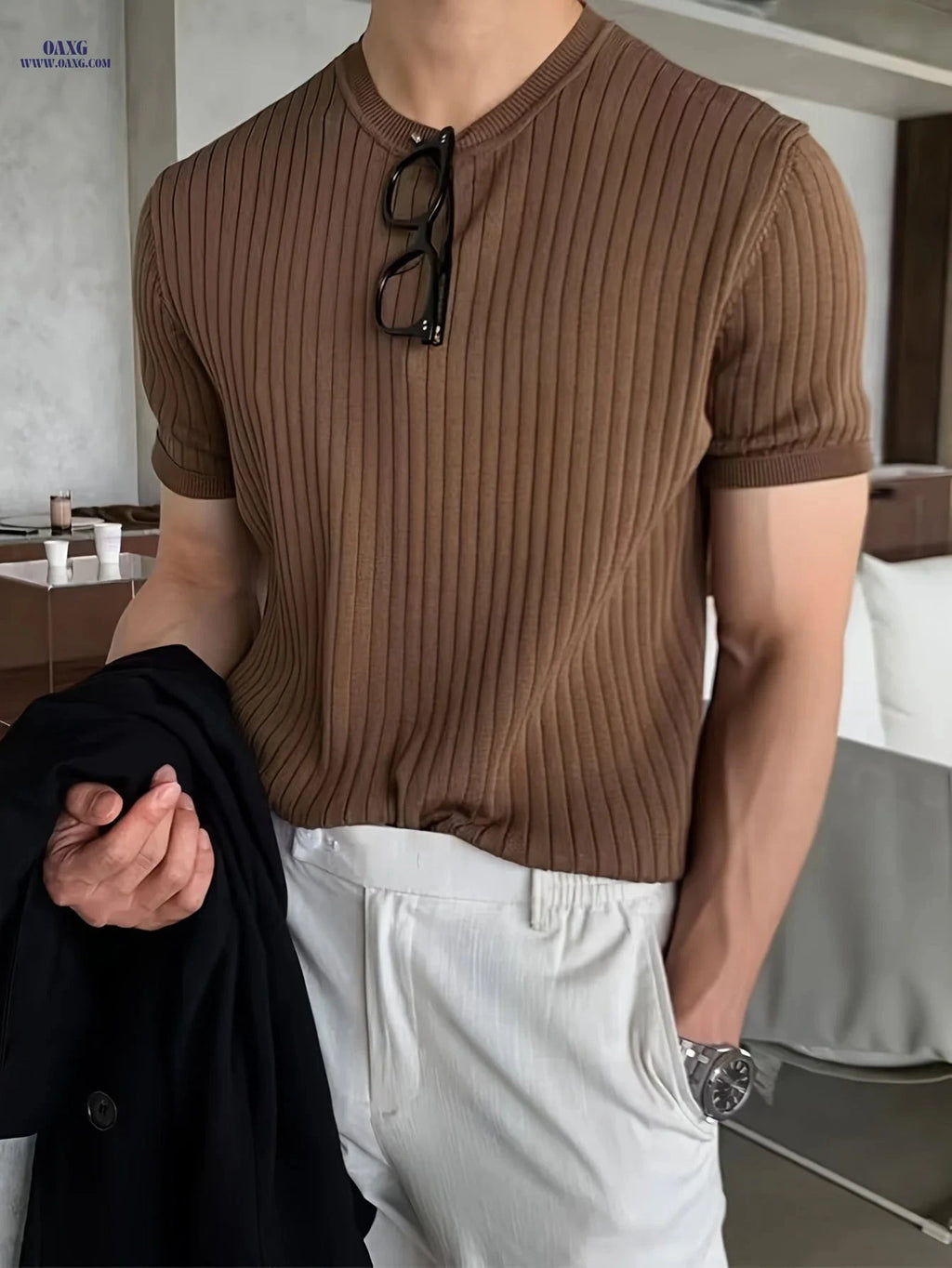 Border Men's Striped Knit Sweater - Short Sleeve, Casual Fit   OAXG Black / FR S