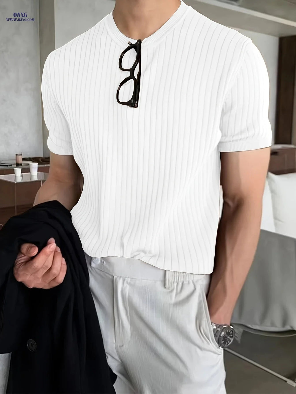 Border Men's Striped Knit Sweater - Short Sleeve, Casual Fit   OAXG 