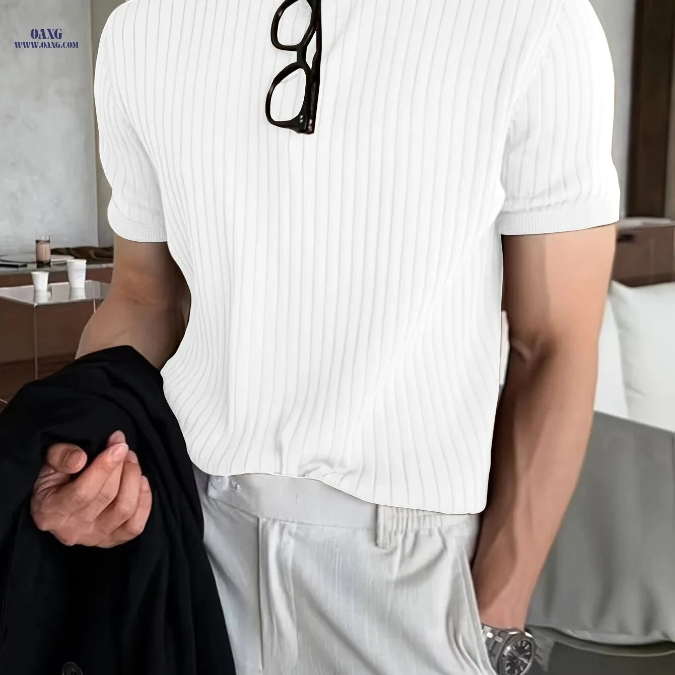 Border Men's Striped Knit Sweater - Short Sleeve, Casual Style   OAXG 