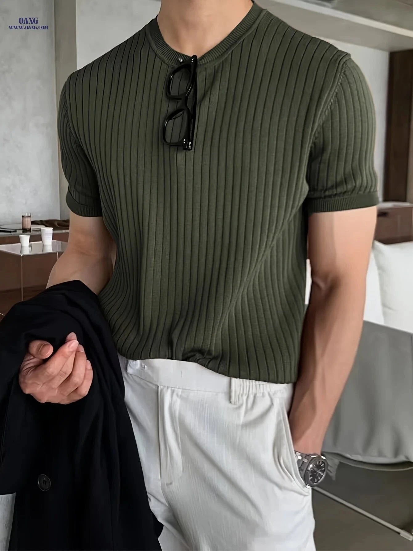 Border Men's Striped Knit Sweater - Short Sleeve, Casual Style   OAXG Black / FR S