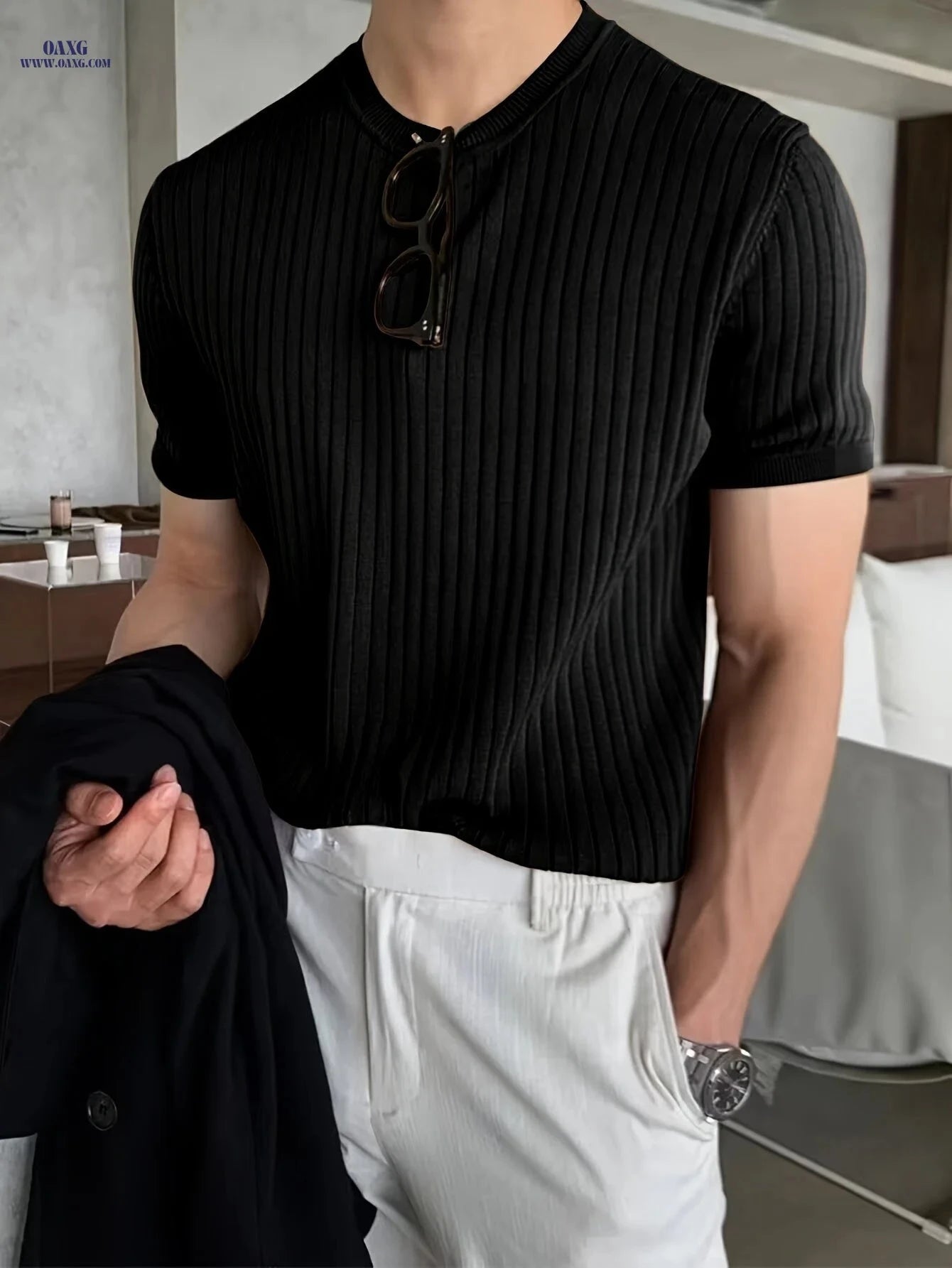 Border Men's Striped Knit Sweater - Short Sleeve, Casual Style   OAXG 