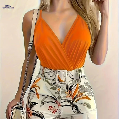 Border Women's V-Neck Camisole & Plant Print Shorts Set with Belt   OAXG Yellow / S