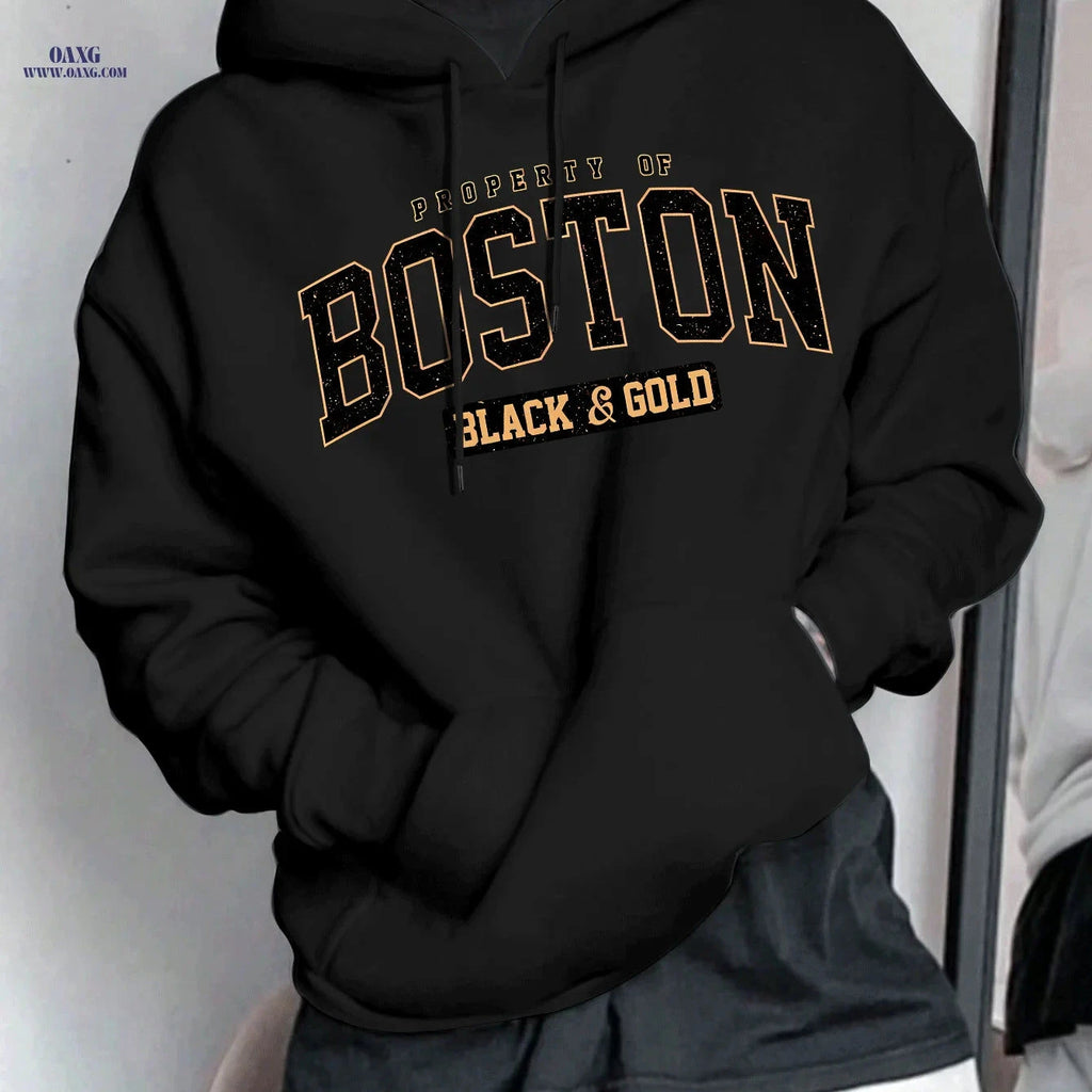 Boston Letter Men's Hooded Sweatshirt - Geometric Print, Casual Style   OAXG 