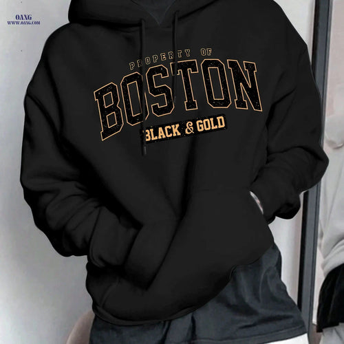 Boston Letter Men's Hooded Sweatshirt - Geometric Print, Casual Style   OAXG 