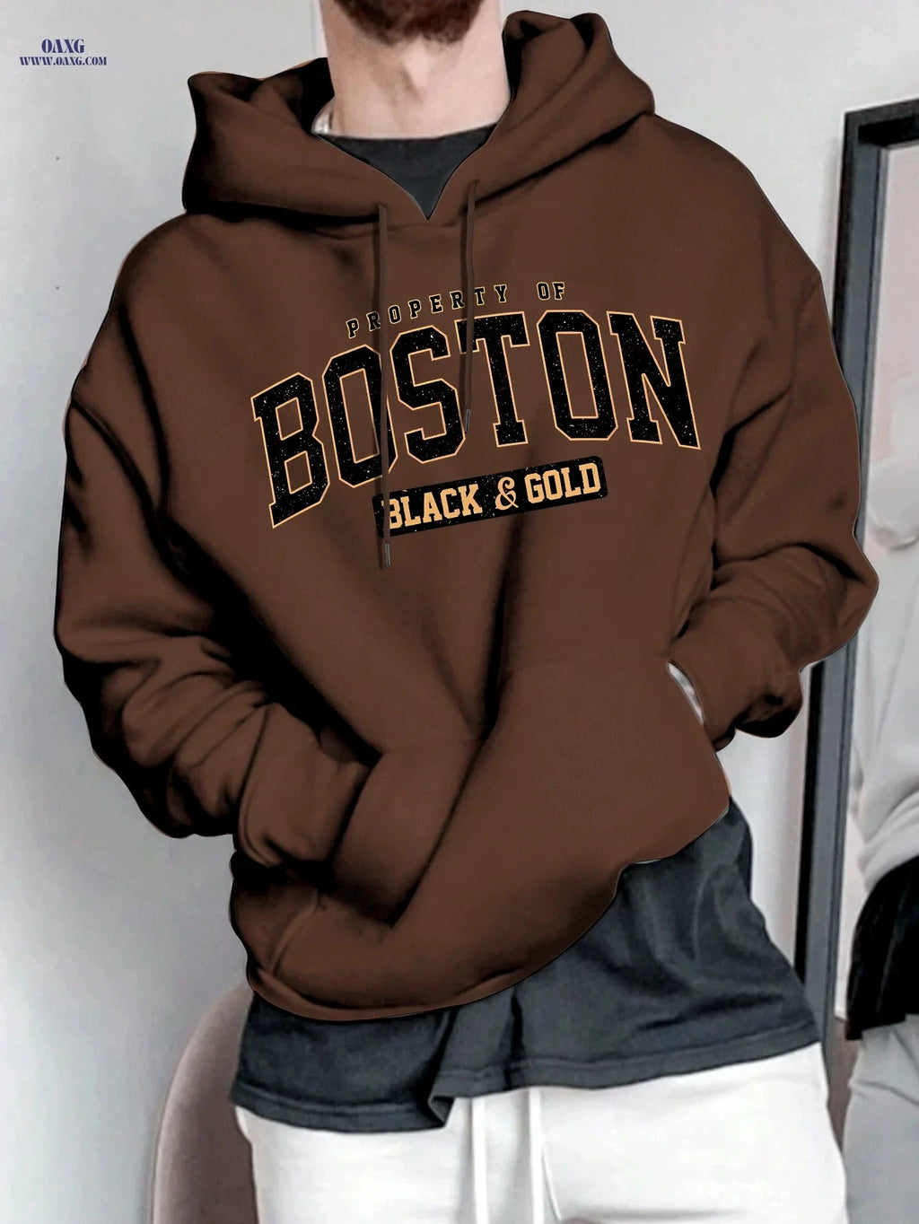 Boston Letter Men's Hooded Sweatshirt - Geometric Print, Casual Style   OAXG 
