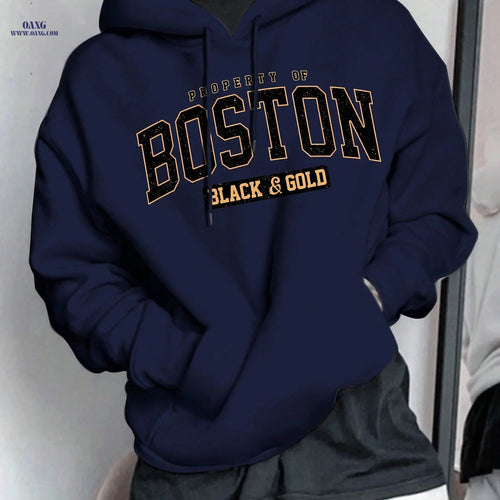 Boston Letter Men's Hooded Sweatshirt - Geometric Print, Casual Style   OAXG 