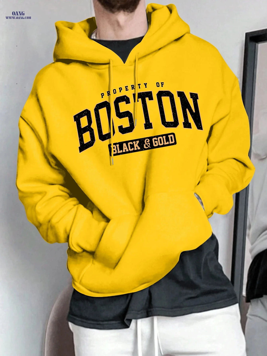 Boston Letter Men's Hooded Sweatshirt - Geometric Print, Casual Style   OAXG Black / FR S