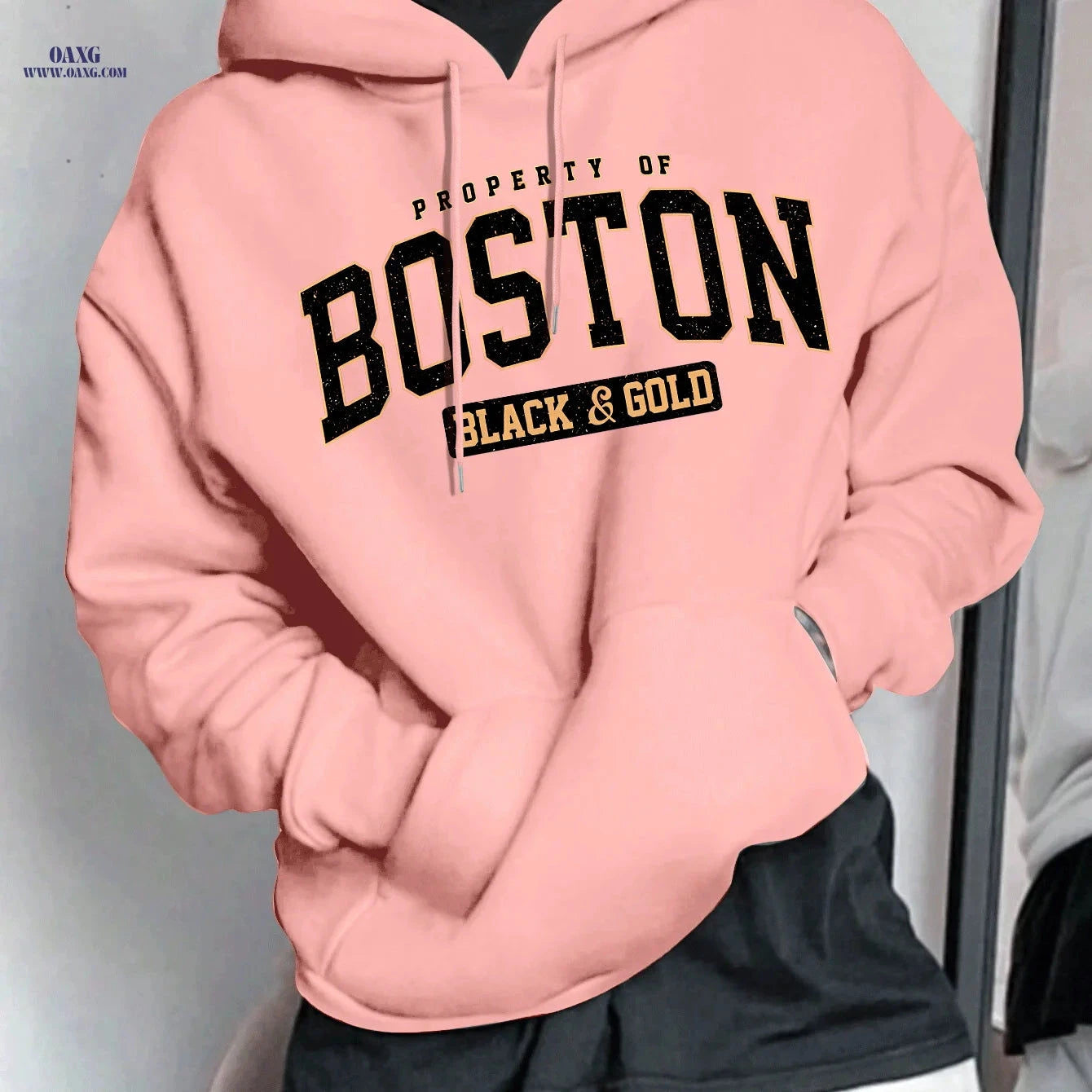 Boston Letter Men's Hooded Sweatshirt - Geometric Print, Casual Style   OAXG Black / FR S