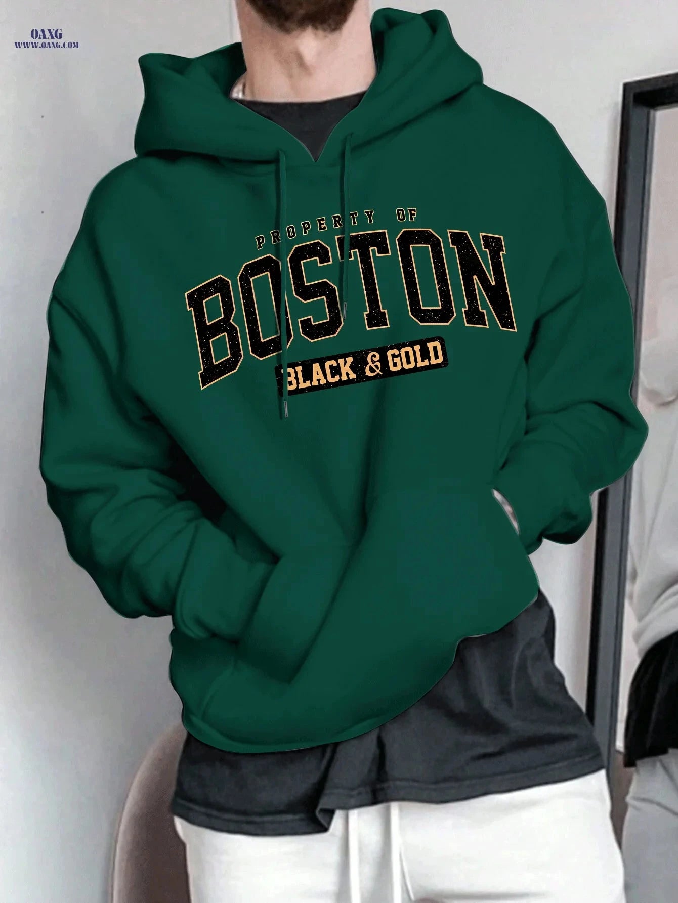 Boston Letter Men's Hooded Sweatshirt - Geometric Print, Casual Style   OAXG Black / FR S