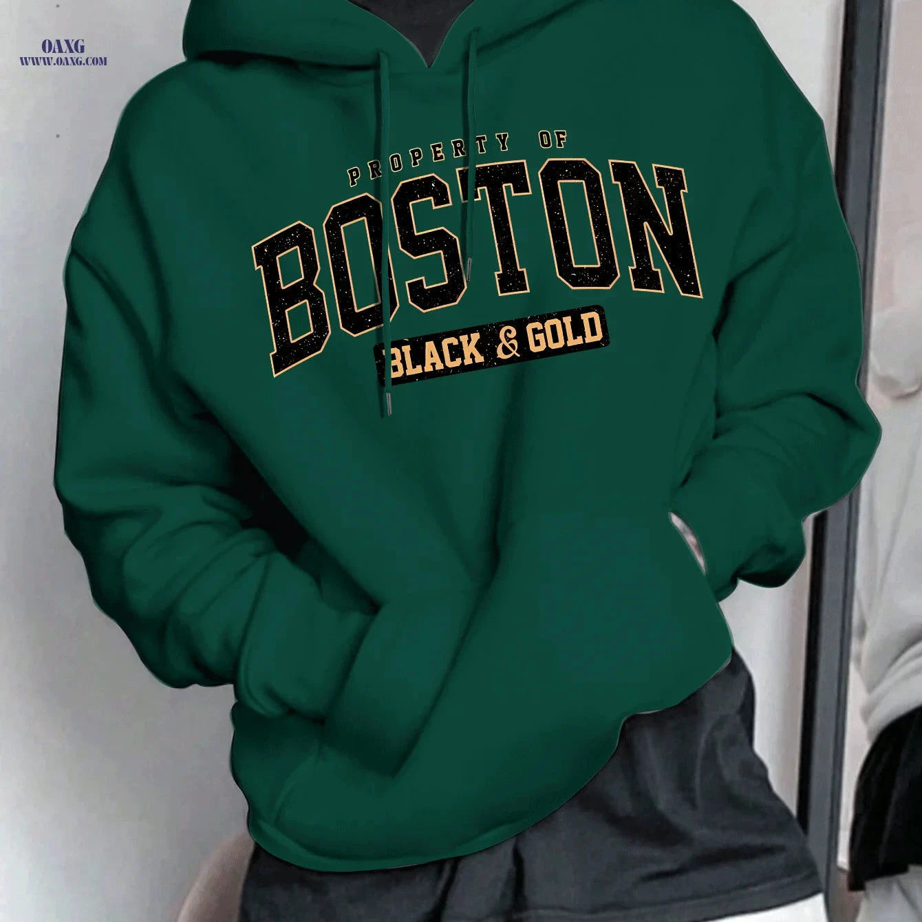 Boston Letter Men's Hooded Sweatshirt - Geometric Print, Casual Style   OAXG Black / FR S