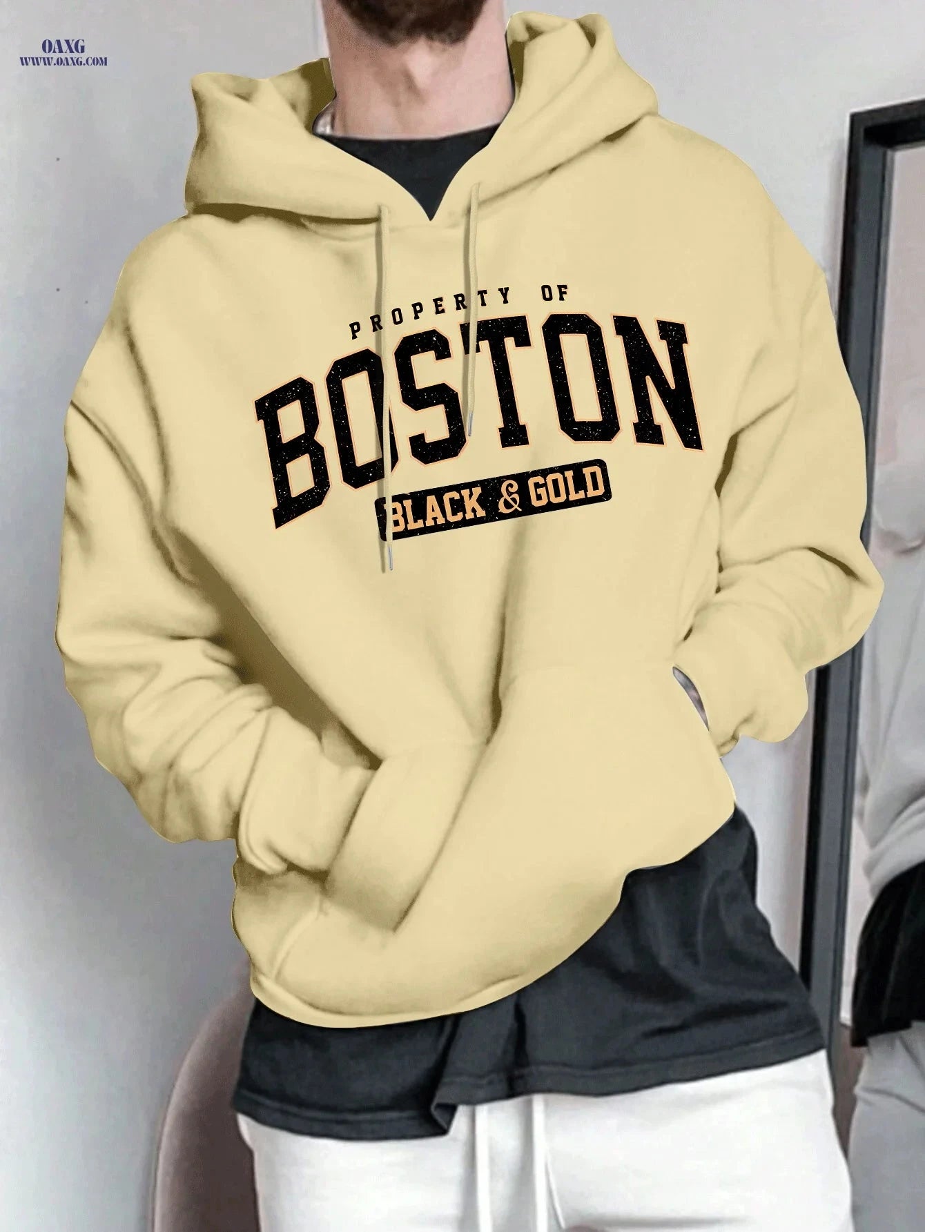 Boston Letter Men's Hooded Sweatshirt - Geometric Print, Casual Style   OAXG 