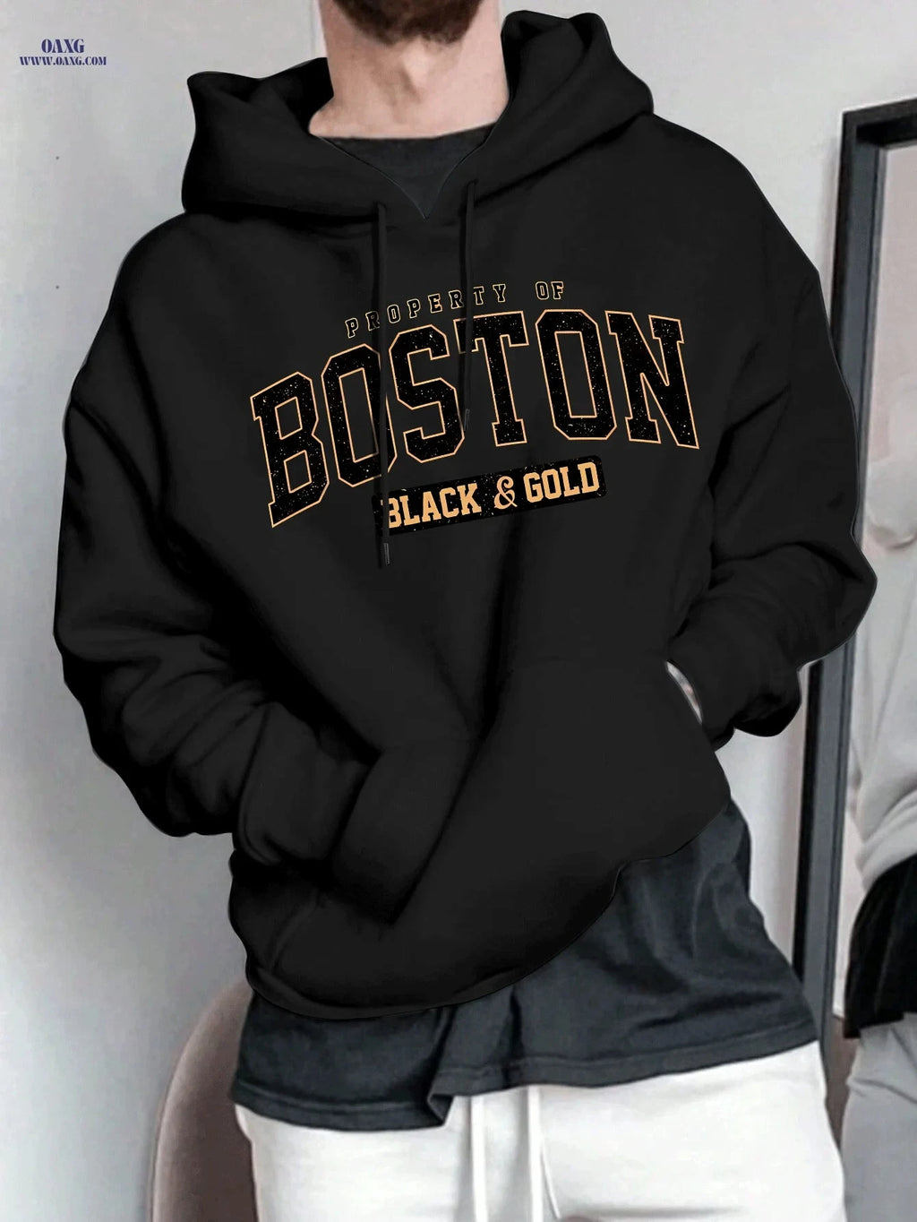 Boston Letter Men's Hooded Sweatshirt - Geometric Print, Casual Style   OAXG 