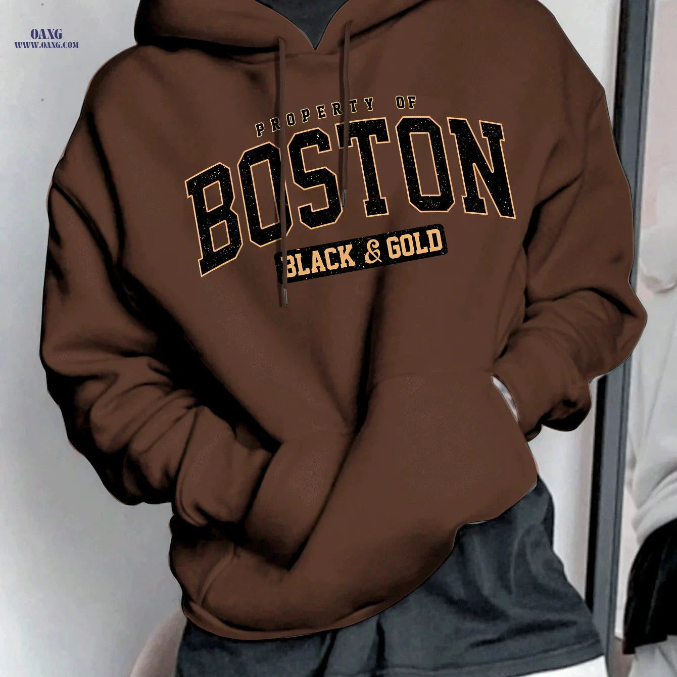 Boston Letter Men's Hooded Sweatshirt - Geometric Print, Casual Style   OAXG 